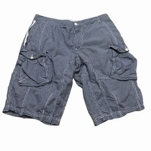 French Connection Cargo Shorts Mens 34 Blue White Gingham Check Cotton Pockets